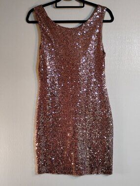 Blush pink sequin body-con sleeveless mini dress by Crystal Doll Size L.